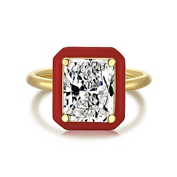 Red 925 Sterling Silver Rings, Birthstone Ring, Real 18K Gold Plated, with Enamel & Cubic Zirconia for Women, Rectangle, Red, US Size 6(16.5mm)