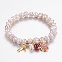 Misty Rose Natural Pearl Charm Bracelets, with Acrylic Beads and 304 Stainless Steel Findings, Cross, Golden, Misty Rose, 2-1/8 inch(55mm)