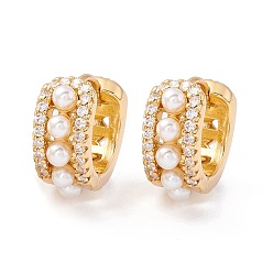 White Real 18K Gold Plated Hollow Chunky Cubic Zirconia Huggie Hoop Earrings, Imitation Pearl Beaded Small Hoop Earrings for Girl Women, White, 6x16mm, Pin: 1mm