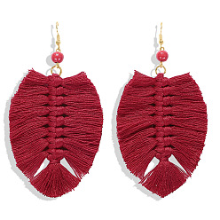 Red tassel Boho Tassel Earrings with Handmade Knitted Thread and Alloy Accents