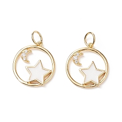 Real 18K Gold Plated Rack Plating Brass Micro Pave Clear Cubic Zirconia Pendants, with Jump Ring, Long-Lasting Plated, Flat Round with Star & Moon, Real 18K Gold Plated, 16x14mm, Hole: 3mm