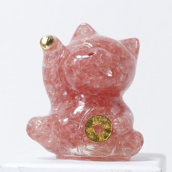 Watermelon Stone Glass Watermelon Stone Glass Chip & Resin Craft Display Decorations, Lucky Cat Figurine, for Home Feng Shui Ornament, 63x55x45mm