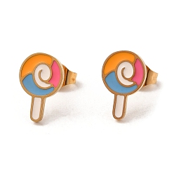 Real 18K Gold Plated Ion Plating(IP) 304 Stainless Steel Stud Earrings with Colorful Enamel, Lollipop Shape, Real 18K Gold Plated, 11.5x7.5mm