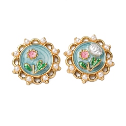 Небесно-голубой Подвески из эмалевого сплава легкого золота, с ABS имитации жемчуга, плоский круглый с цветными чарами, стойки покрытие, голубой, 25x25x6 мм, отверстие : 2.5x1.5 мм