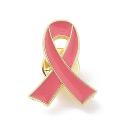 Golden Breast Cancer Awareness Pink Ribbon Enamel Pin, Alloy Badge for Backpack Clothes, Golden, 26.5x20.5x1.7mm
