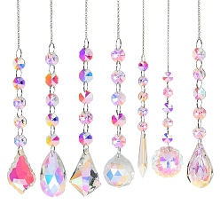 Clear AB Quartz Crystal Pendant Decorations, with Iron Chains, Mixed Shape, Clear AB, 387~405mm, Pendants: 145~175x14~44mm, about 7Pcs/Set