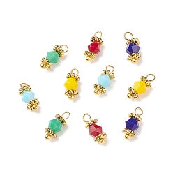 Mixed Color Glass Charms, with Golden Plated Brass Findings, Bicone, Mixed Color, 11x4.5mm, Hole: 1.6mm