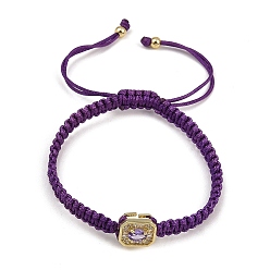 Púrpura Pulseras rectangulares trenzadas de cuentas con circonitas cúbicas y pavé de latón, pulseras de cuerda de nylon ajustable, larga duración plateado, chapado en rack, dorado, púrpura, diámetro interior: 2.05~3.15 pulgada (5.2~8 cm)