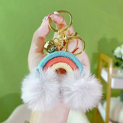 White Cotton Rainbow Keychain with Artificial Fur Ball, Pom Pom Bell Key Chain, White, 11.3cm, Pendant: 54x83mm