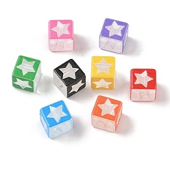 Mixed Color Transparent Acylic European Beads, Large Hole Beads, Cube with Star Pattern, Mixed Color, 10.5x10.5x10mm, Hole: 6mm