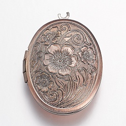 Brushed Red Copper Brass Locket Pendants, Oval with Flower, Brushed Red Copper, 33x23.5x7mm, Hole: 1.5mm