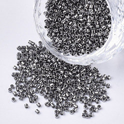 Dark Gray 11/0 Grade A Glass Seed Beads, Cylinder, Uniform Seed Bead Size, Metallic Colours, Dark Gray, 1.5x1mm, Hole: 0.5mm, about 20000pcs/bag