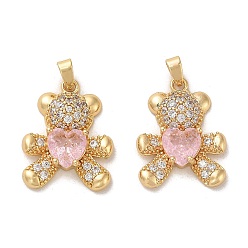 Pink Brass Micro Pave Cubic Zirconia Pendants, Glass Bear Charms, Real 18K Gold Plated, Pink, 21x16x5mm, Hole: 5x3mm