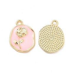 Pink Alloy Enamel Pendants, Golden, Oval with Rose Charm, Pink, 17.5x13.5x2mm, Hole: 1.6mm