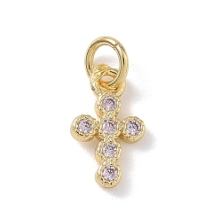 Pink Латунные микро проложить кубического циркония прелести, крест прелести, стойки покрытие, долговечный, без кадмия и без свинца, реальный 18 k позолоченный, розовые, 12x7x2 мм, отверстие : 3.5 мм