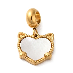 Golden Ion Plating(IP) 304 Stainless Steel European Dangle Charms, Large Hole Pendants with Heart Shaped White Shell, Cat Head, Golden, 22mm, Pendant: 13.5x14x3mm, Hole: 4.5mm