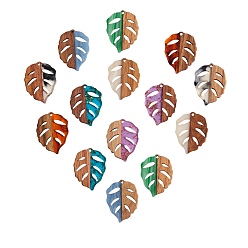 Mixed Color Resin & Walnut Wood Pendants, Leaf, Mixed Color, 37x28x3mm, Hole: 2mm, 7 colors, 2pcs/color, 14pcs/set