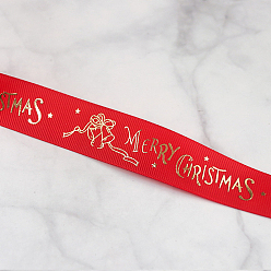 Red 25 Yards Flat Christmas Bell Printed Polyester Grosgrain Ribbons, Hot Stamping Ribbons, Red, 1 inch(25mm), about 25.00 Yards(22.86m)/Roll