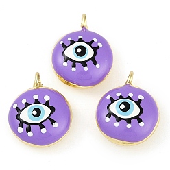Средний Фиолетовый Стойки обшивки латунные подвески, с эмалью, без свинца и без кадмия, реальный 18 k позолоченный, плоский круглый с оберегом от сглаза, средне фиолетовый, 19x15x8 мм, отверстие : 1.8 мм