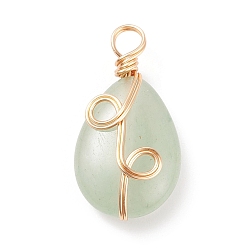 Green Aventurine Natural Green Aventurin Pendants, Twisted with Golden Tone Copper Wire, Teardrop, 25x13x7mm, Hole: 3.9mm