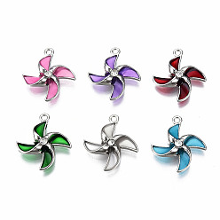 Mixed Color Rack Plating Alloy Pendants, with Epoxy Resin and Crystal Rhinestone, Windmill, Platinum, Cadmium Free & Lead Free, Mixed Color, 19.5x17x4mm, Hole: 1.4mm