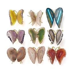 Mixed Color Dyed & Heated Natural Agate Display Decorations, Butterfly Rack Plating Brass Holder for Home Office Feng Shui Ornament, Mixed Color, 90~110x70~78x40~50mm