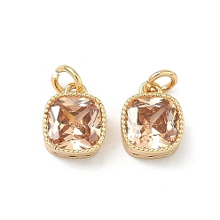 Персиковый Слойка Латунные микро проложить кубического циркония подвески, квадратные амулеты, без свинца и без кадмия, стойки покрытие, долговечный, реальный 18 k позолоченный, розовые, 9x7x3.5 мм, Перейти кольцо: 4x0.8 мм, внутренний диаметр: 2.5 мм