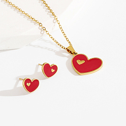 Red Stainless Steel Enamel Stud Earrings & Necklaces Sets, Heart, Red, 17.7 inch(45cm)