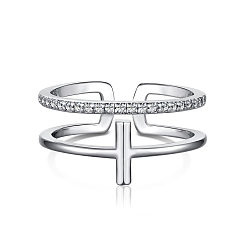 Real Platinum Plated Rhodium Plated 925 Sterling Silver Cross Open Cuff Rings with Cubic Zirconia, with S925 Stamp, Real Platinum Plated, 8.3mm, US Size 7(17.3mm)