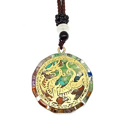 Dragon Orgonite Chakra Natural & Synthetic Mixed Stone Pendant Necklaces, Nylon Thread Necklace for Women, Flat Round, Dragon, 25.59 inch(65cm)