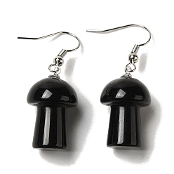 Obsidian Natural Obsidian Mushroom Dangle Earrings, Platinum Brass Earrings, 42x15mm