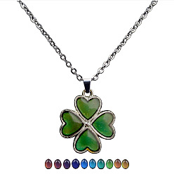 Platinum Mood Necklace, Temperature Sensing Color Changing Epoxy Clover Pendant Necklace, 304 Stainless Steel Jewelry for Women, Platinum, 19.69 inch(50cm)