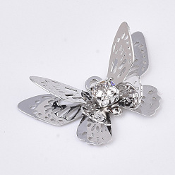 Platinum Brass Filigree Pendants, with Crystal Rhinestone, 3D Butterfly, Platinum, 12x20x4~7mm, Hole: 1.2mm