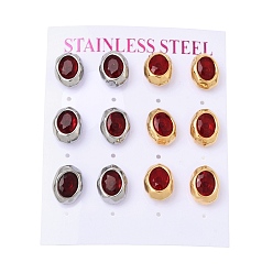 Dark Red 6 Pairs 304 Stainless Steel Pave Cubic Zirconia Stud Earrings, Oval, PVD Vacuum Plating, Golden & Stainless Steel Color, Dark Red, 12.5x10mm