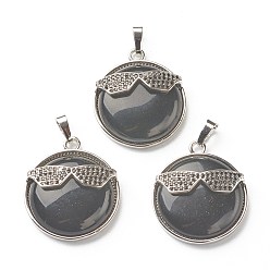 Black Agate Natural Black Agate Pendants, with Platinum Tone Brass Findings, Flat Round with Glasses, Dyed & Heated, 32~32.5x27.5x9mm, Hole: 6.5x5mm