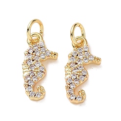 Golden Brass Charms, with Micro Pave Cubic Zirconia and Jump Rings, Sea Horse, Clear, Golden, 11x6x1.2mm, Hole: 3.5mm