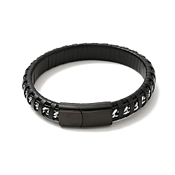 Gunmetal Black Leather & 304 Stainless Steel Rope Braided Cord Bracelet Magnetic Clasp for Men Women, Gunmetal, 8-5/8 inch(21.8cm)