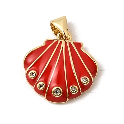 Красный Латунные микро проложить кубического циркония подвески, реальный 18 k позолоченный, долговечный, стойки покрытие, без свинца и без кадмия, подвески в форме ракушек, с эмалью, красные, 17x17x4 мм, отверстие : 3x5 мм