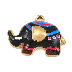 Black 304 Stainless Steel Pendants, Elephant Charms, Ion Plating(IP), Real 18K Gold Plated, Black, 15x20.5x4.5mm, Hole: 1.4mm