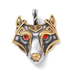 Light Siam Tibetan Style Ion Plating(IP)304 Stainless Steel Pendants, with Rhinestone, Dog's Head Charms, Antique Silver & Golden, Light Siam, 47.5x39x6mm, Hole: 6.5x9.5mm