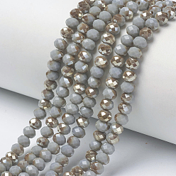 Gray Electroplate Opaque Solid Color Glass Beads Strands, Half Plated, Rainbow Plated, Faceted, Rondelle, Gray, 4x3mm, Hole: 0.4mm, about 123~127pcs/strand, 16.5~16.9 inch(42~43cm)