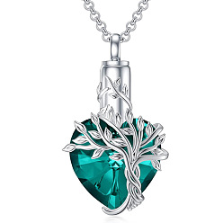 Dark Turquoise Heart with Tree of Life Glass Urn Pendant Necklaces, Stainless Steel Chain Necklaces, Dark Turquoise, 21.65 inch(55cm)