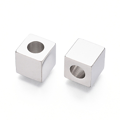 Stainless Steel Color 304 Stainless Steel European Beads, Large Hole Beads, Cube, Stainless Steel Color, 9x9x9mm, Hole: 5mm