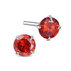 Orange Red SHEGRACE Rhodium Plated 925 Sterling Silver Four Pronged Ear Studs, with AAA Cubic Zirconia and Ear Nuts, Orange Red, 4mm