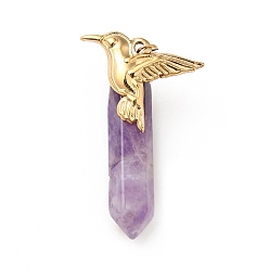 Amethyst Bird Natural Amethyst Pointed Pendants, with Ion Plating(IP) Platinum & Golden Tone 304 Stainless Steel Findings, Faceted Bullet Charm, 40.5mm, Bird: 19.5x25.5x2.5mm, Bullet: 33.5x8.5x8mm, Hole: 3.4mm