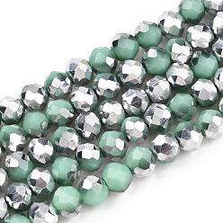 Light Green Electroplate Opaque Glass Beads Strands, Half Silver Plated, Faceted, Rondelle, Light Green, 4x3mm, Hole: 0.4mm, about 123~127pcs/strand, 16.5~16.9 inch(42~43cm)