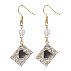 Black Alloy Crystal Rhinestone Rectangle with Heart Dangle Earrings, Imitated Pearl Acrylic Beaded Drop Earrings with Enamel, Black, 47~55x18mm