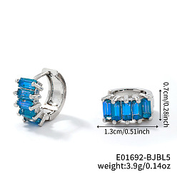 Синий Латунные прямоугольные серьги-кольца, с кубического циркония, платина, синие, 13x7 мм