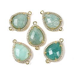 Амазонит Подвески-коннекторы из натурального амазонита в форме капли, покрытие стойки латунное микропаве прозрачные звенья кубического циркония, золотые, стойки покрытие, 23x15x5.5 мм, отверстие : 1.4 мм