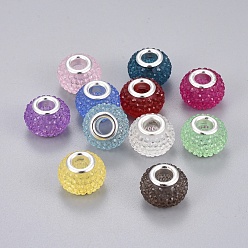 Mixed Color Resin Rhinestone European Beads, with Silver Color Plated Brass Cores, Large Hole Beads, Rondelle, Berry Beads, Mixed Color, 14x10mm, Hole: 5mm